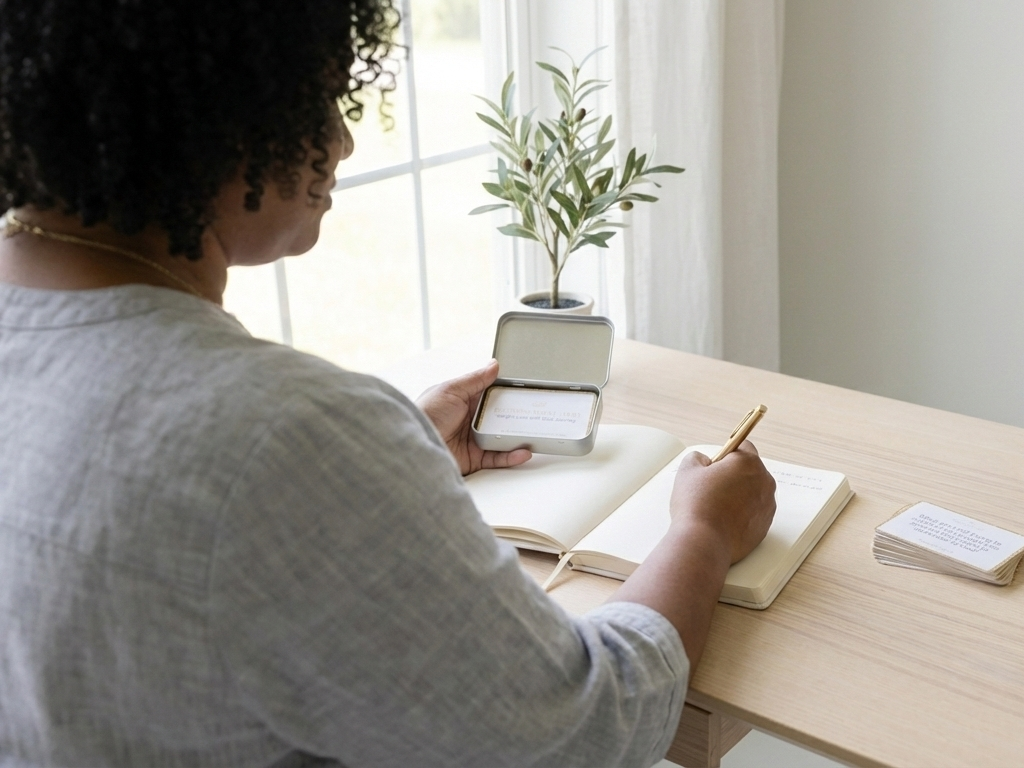 Woman journaling with Christian weight loss reflection cards during her Weight Loss with God journey