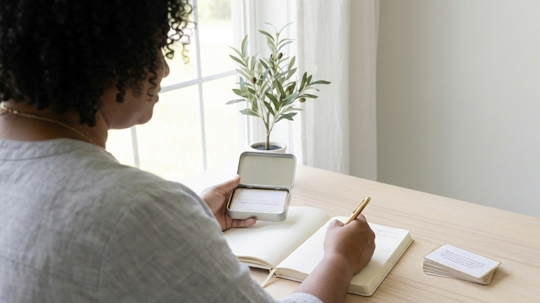 Person sitting at a desk in a bright room, writing in a notebook.