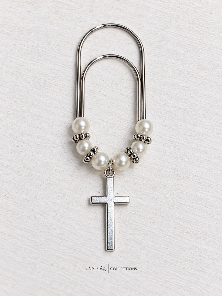 Pearl Beaded Bible and Planner Paperclip | Cross, Bible, or Heart Charm